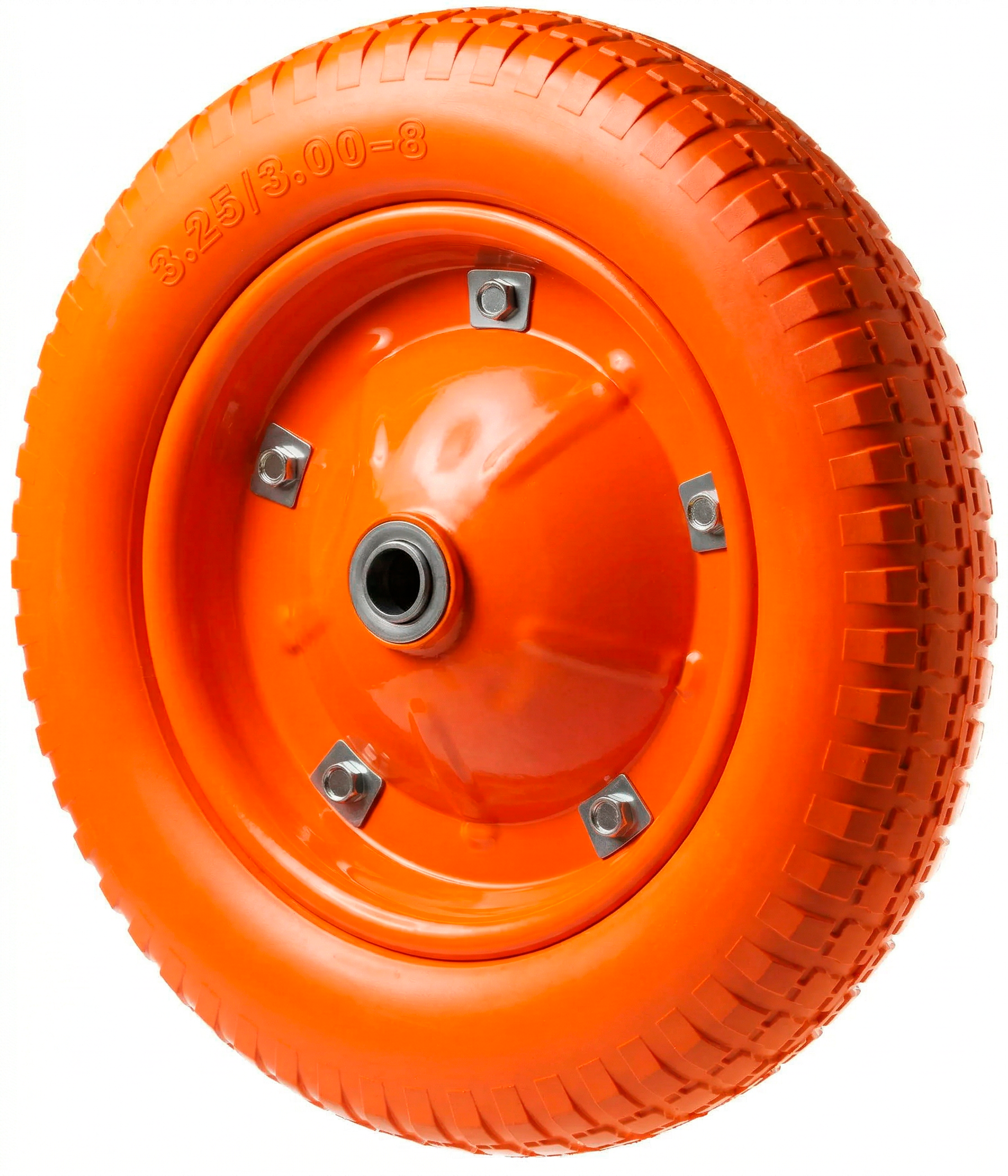 PU 2401-12 - Колесо для тачки / тележки полиуретановое бескамерное 3.25-8, диаметр 360 мм, ось 12 мм, металлический обод, симметричная ступица, шариковый подшипник