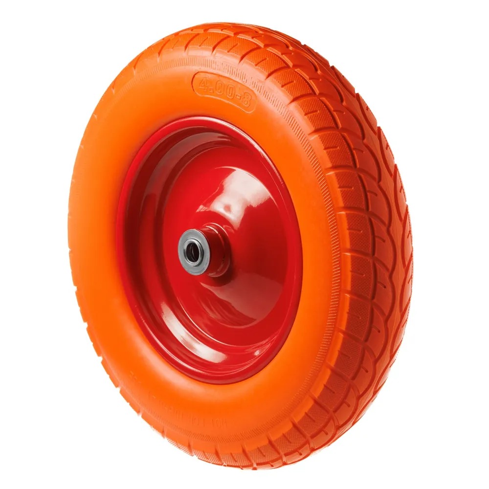 PU 3000-16 - Колесо для тачки / тележки полиуретановое бескамерное 4.00-8, диаметр 380 мм, ось 16 мм, металлический обод, симметричная ступица, шариковый подшипник